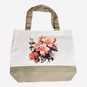 Large Canvas Tote Bag with Pink Floral Bouquet | Hand Pressed | 17”x14” | New